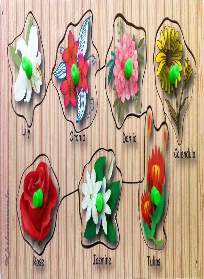 Khilonewale Kid's Wooden Puzzles Set for Toddlers 2 3 4 Years Old, Flowers Educational Puzzle with knobs,Learning Aid for Boys and Girls, Kids, Students,Size 13 * 25 cm - Image 1